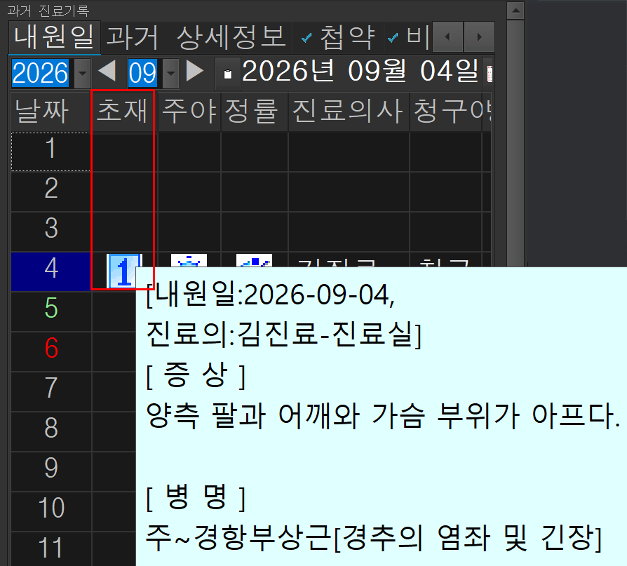 한의사랑 과거 진료기록 초재 툴팁 화면